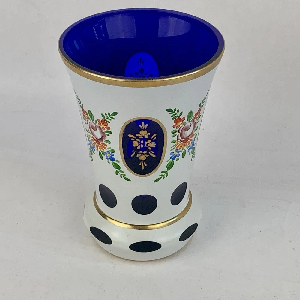 LAUSITZER GLAS Cobalt Blue Cut Crystal Vase Enameled Hand Painted Floral German